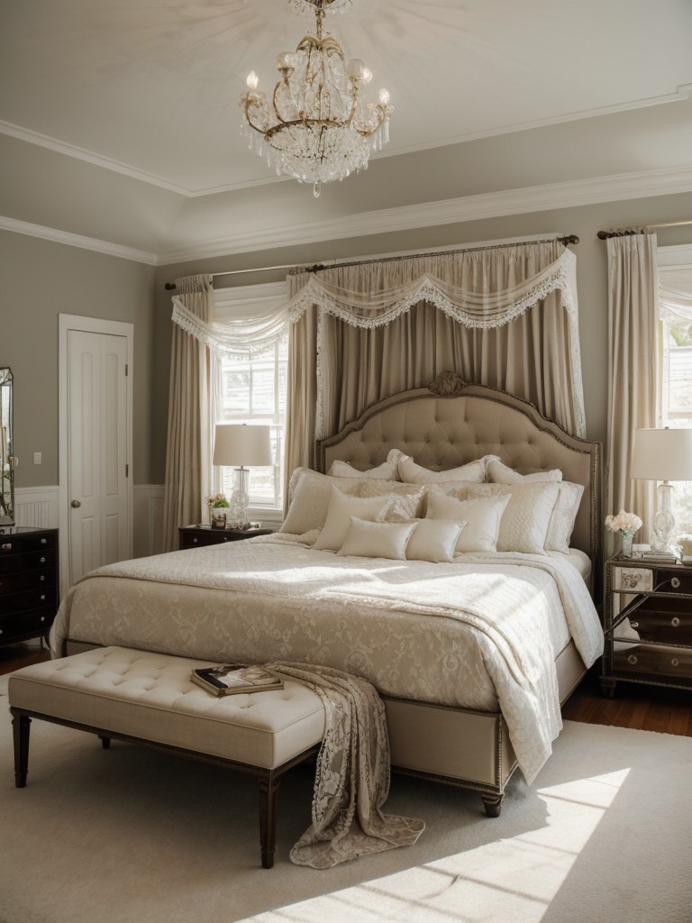 Romantic Bedroom Transformation: Lace, Chandelier, Mirrors