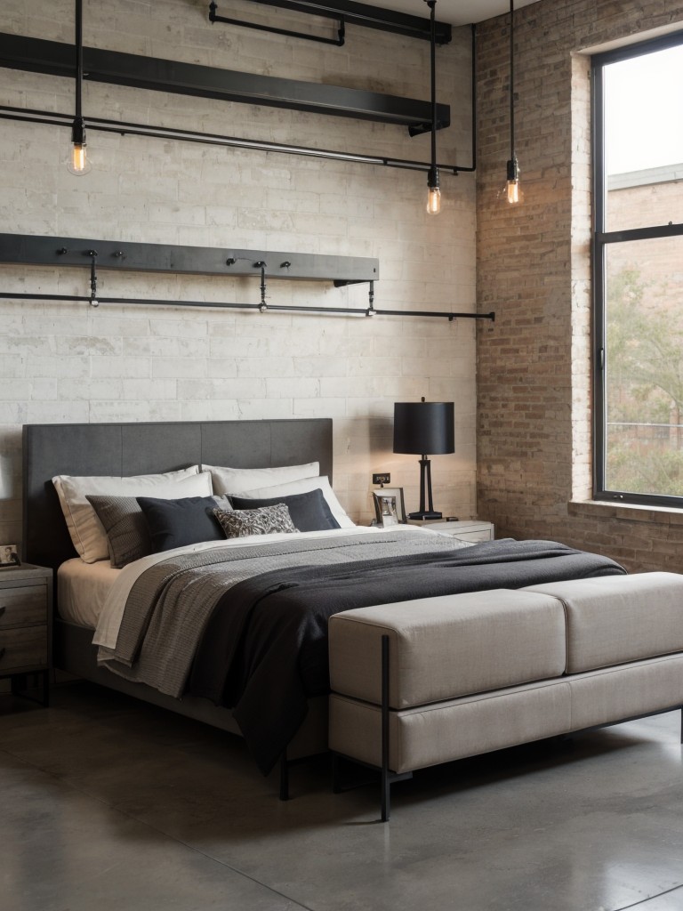 Trendy Industrial Bedroom: Exposed Brick, Metal Accents, and Concrete Flooring!