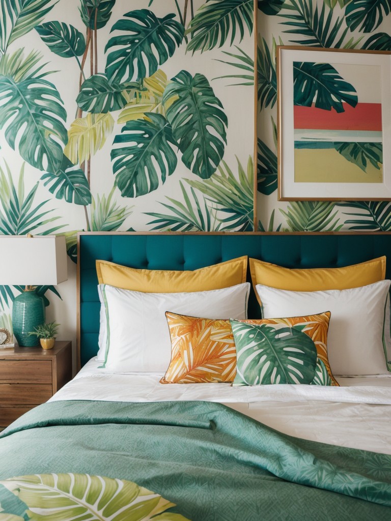 Get Tropical Vibes in Your Bedroom: Palm Leaf Wallpaper and Colorful Woven Pillows!