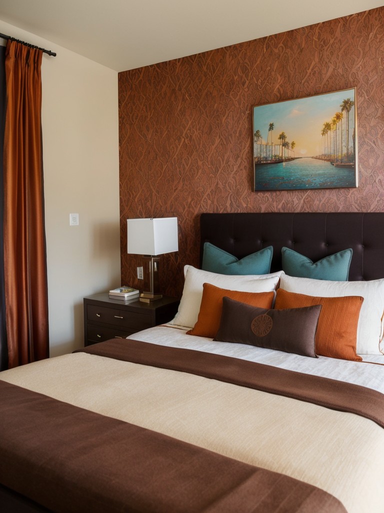 Vibrant Brown Bedroom Inspiration: Bold Art and Statement Wallpaper!