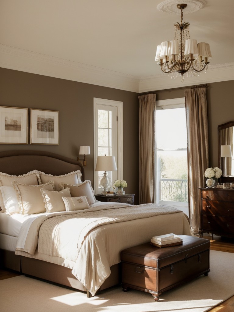 Chic Parisian Bedroom: Vintage Chaise, Elegant Sconces, Ruffled Bedding