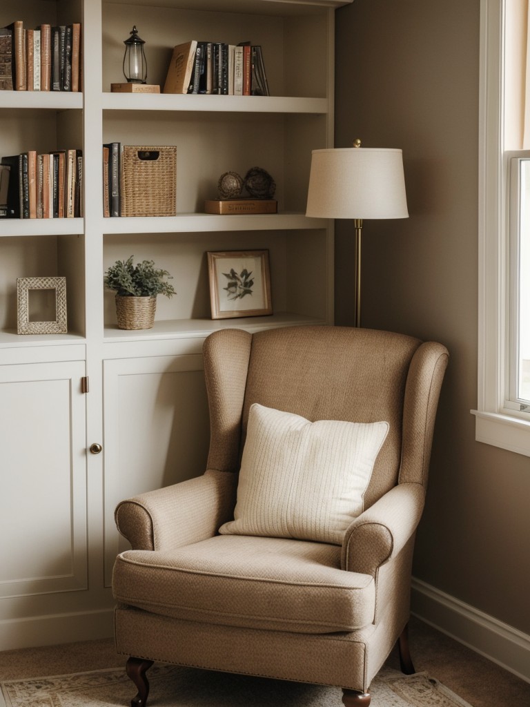 Cozy Apartment Bedroom: Create an inviting reading nook with comfy chair and bookshelf.