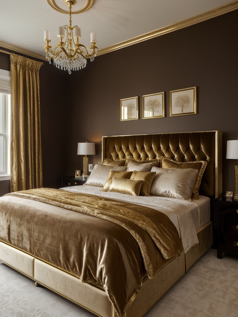 Luxurious Brown Bedroom Retreat: Gold Accents for a Sophisticated Space