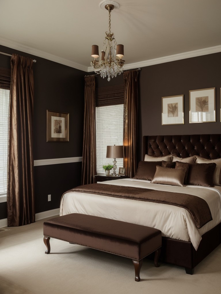 Luxe Brown Bedroom Decor: Elevate your space with velvet and satin accents.