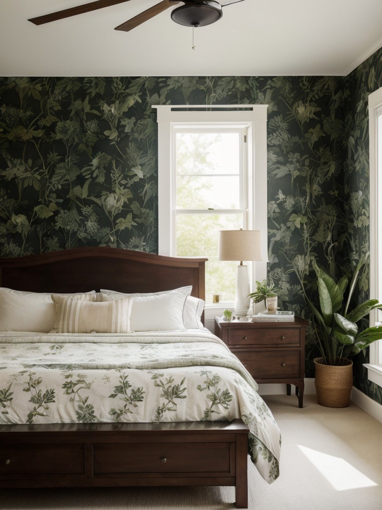 Apartment Perfection: Traditional Bedroom Decor with Indoor Plants & Botanical Wallpaper