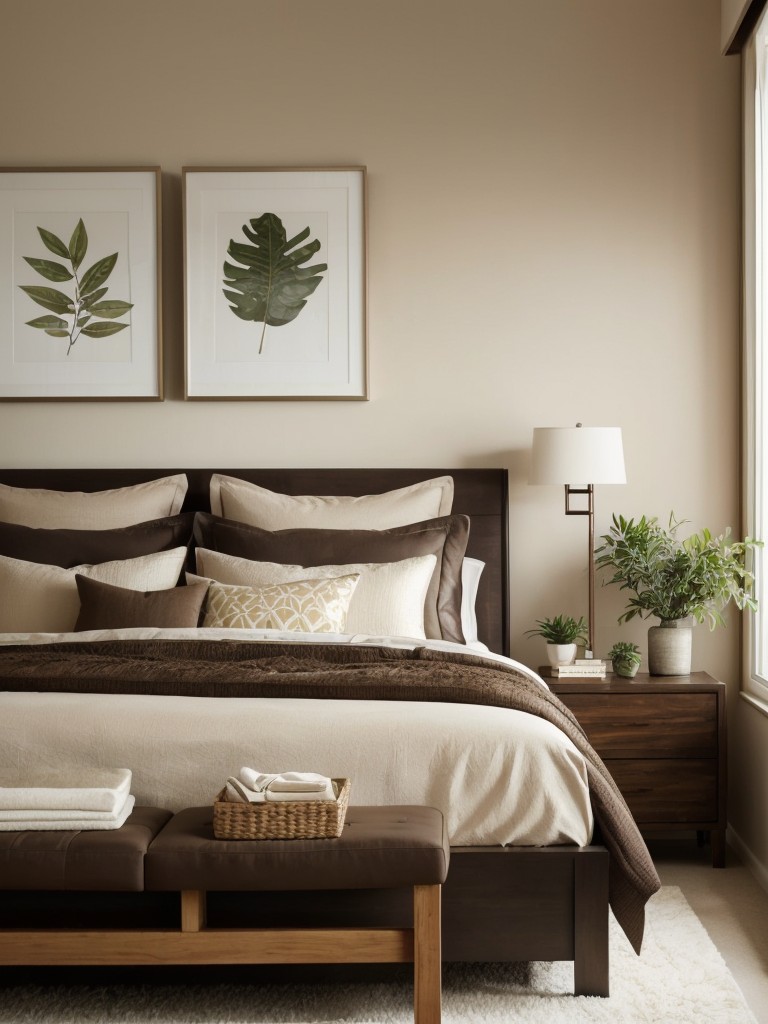 Nature-inspired Brown Bedroom Decor: Plants and Prints