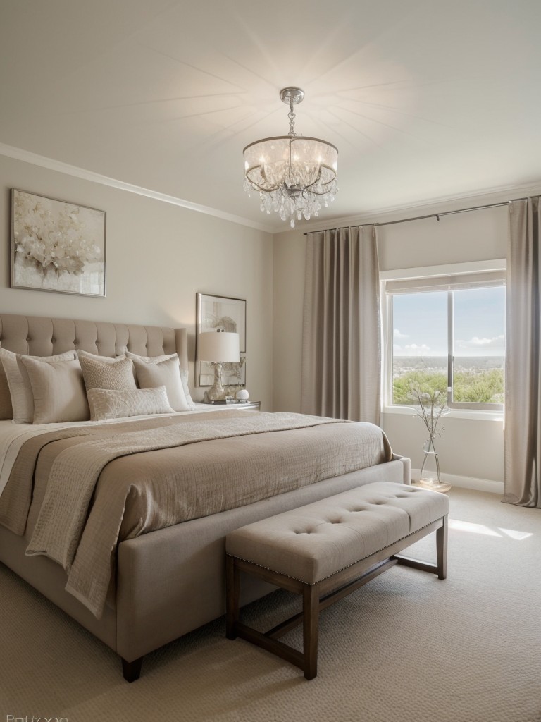 Stylish and serene apartment bedroom décor with neutrals and a hint of silver glam.