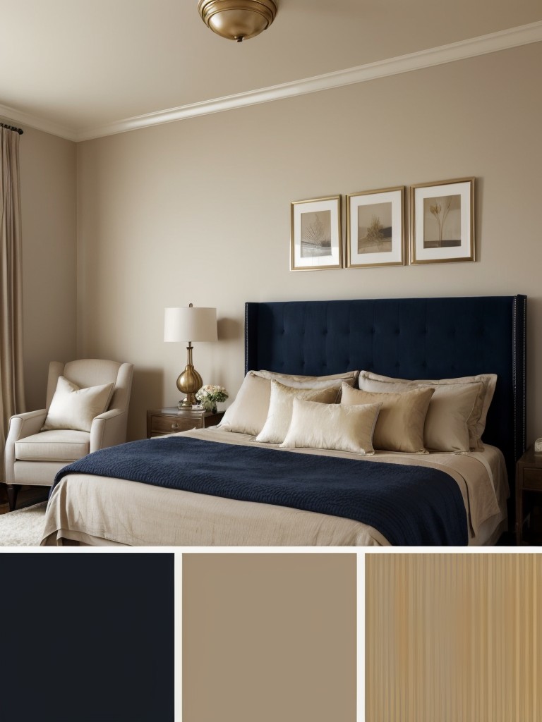 Chic Apartment Retreat: Elegant Navy Blue & Gold Bedroom Decor