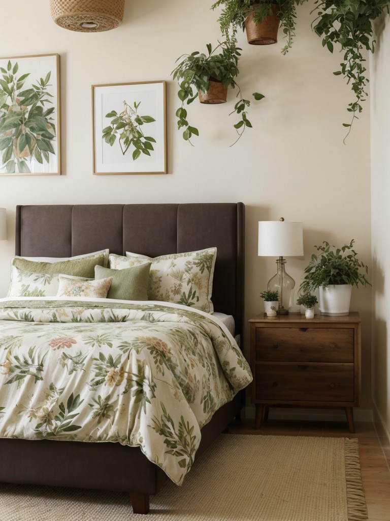 Nature-inspired apartment oasis: Create a botanical retreat with floral bedding and potted plants