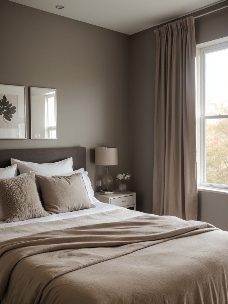 Stylish Taupe Apartment Bedroom. Minimalist Decor Inspiration.