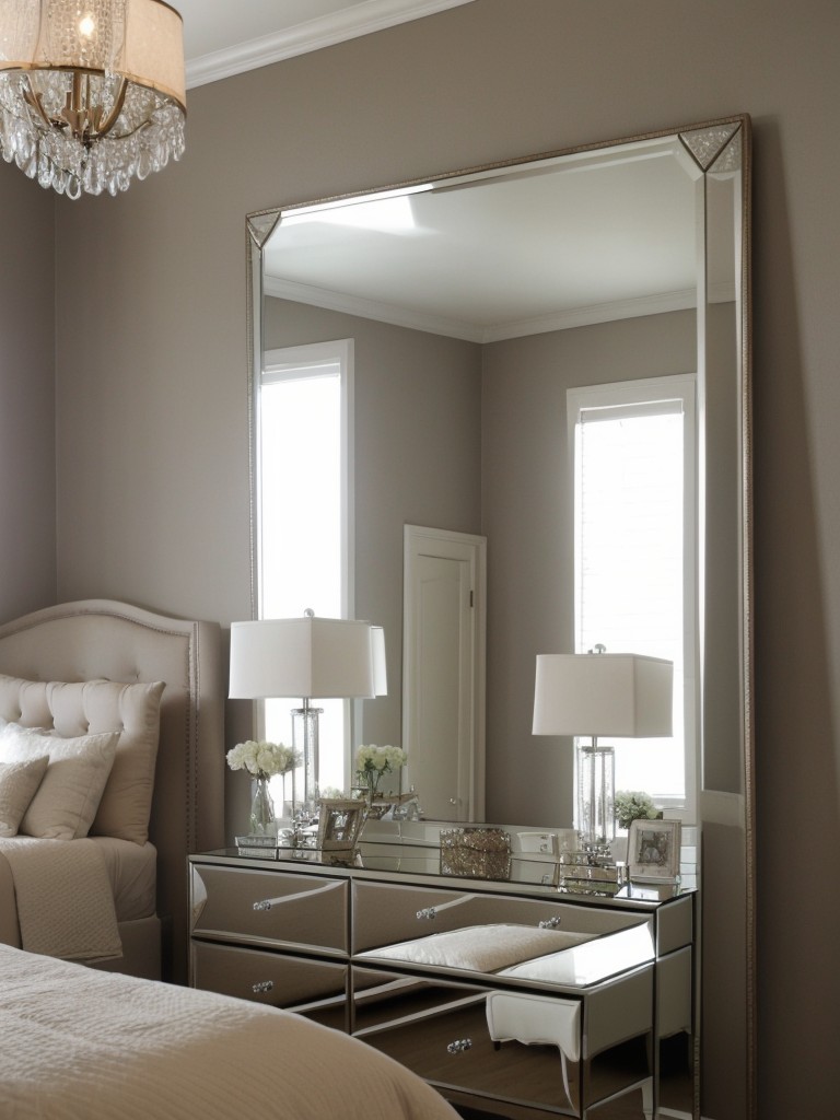 Reflective Surfaces for a Spacious Taupe Bedroom