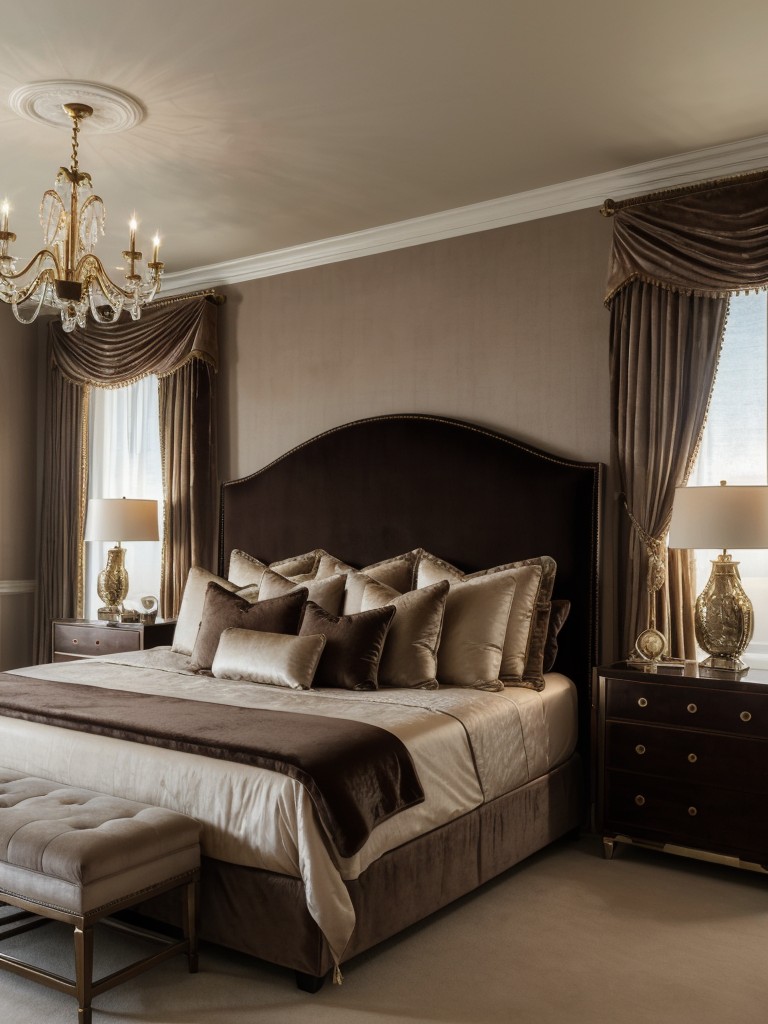 Opulent Taupe Bedroom: Velvet Drapes & Luxurious Headboard.