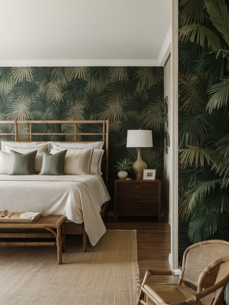 Tropical Paradise in Your Bedroom: Palm Leaf Wallpaper & Rattan Furniture