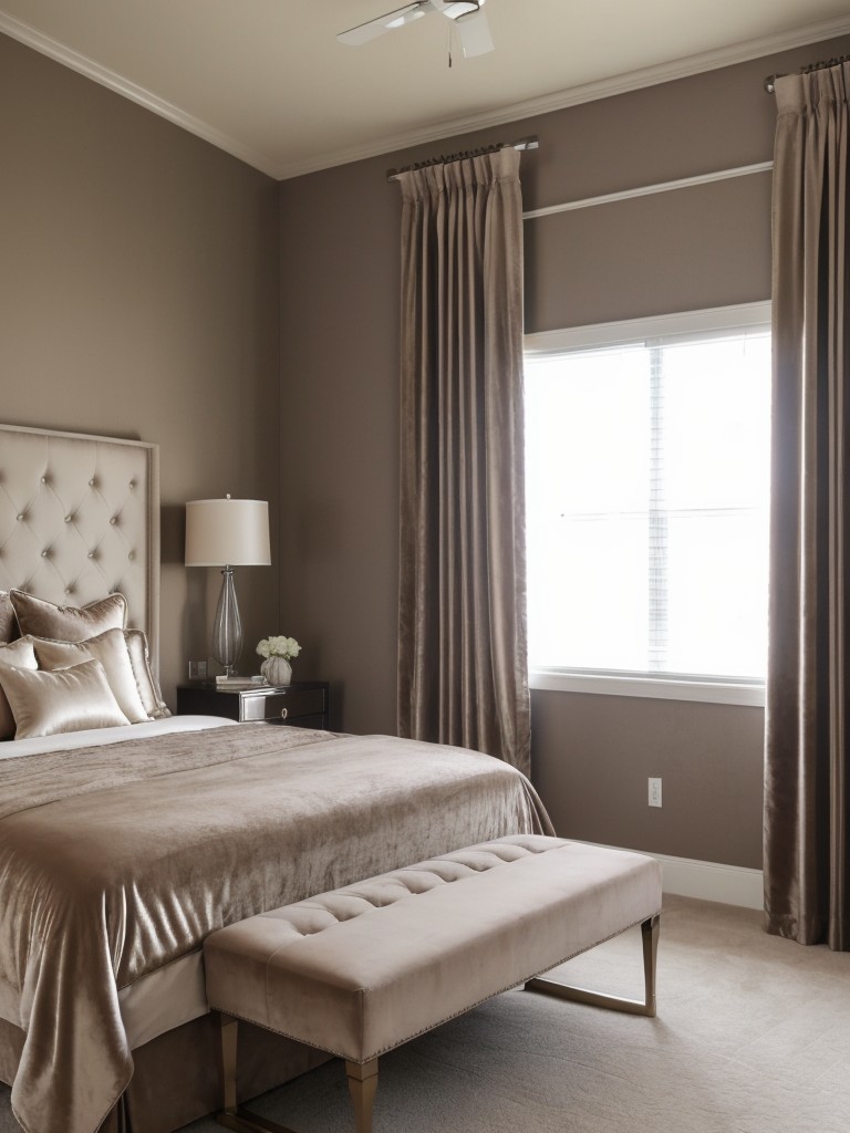 Luxurious Taupe Bedroom: Velvet Bedding, Tufted Headboard, Silky Curtains