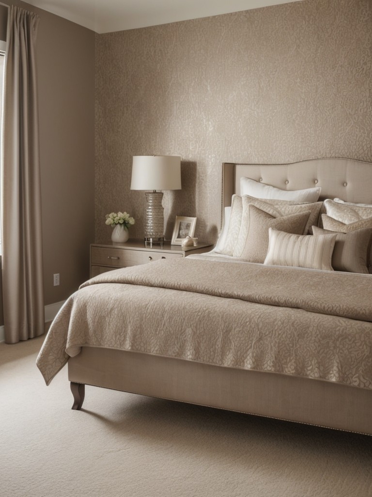 Chic taupe bedroom- mix patterns & textures for an eye-catching space!