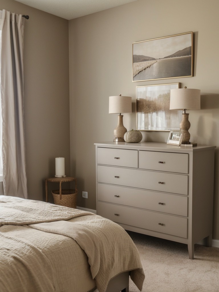 Cozy Taupe Apartment Bedroom Decor: Neutral meets vibrant accents for a stylish look!