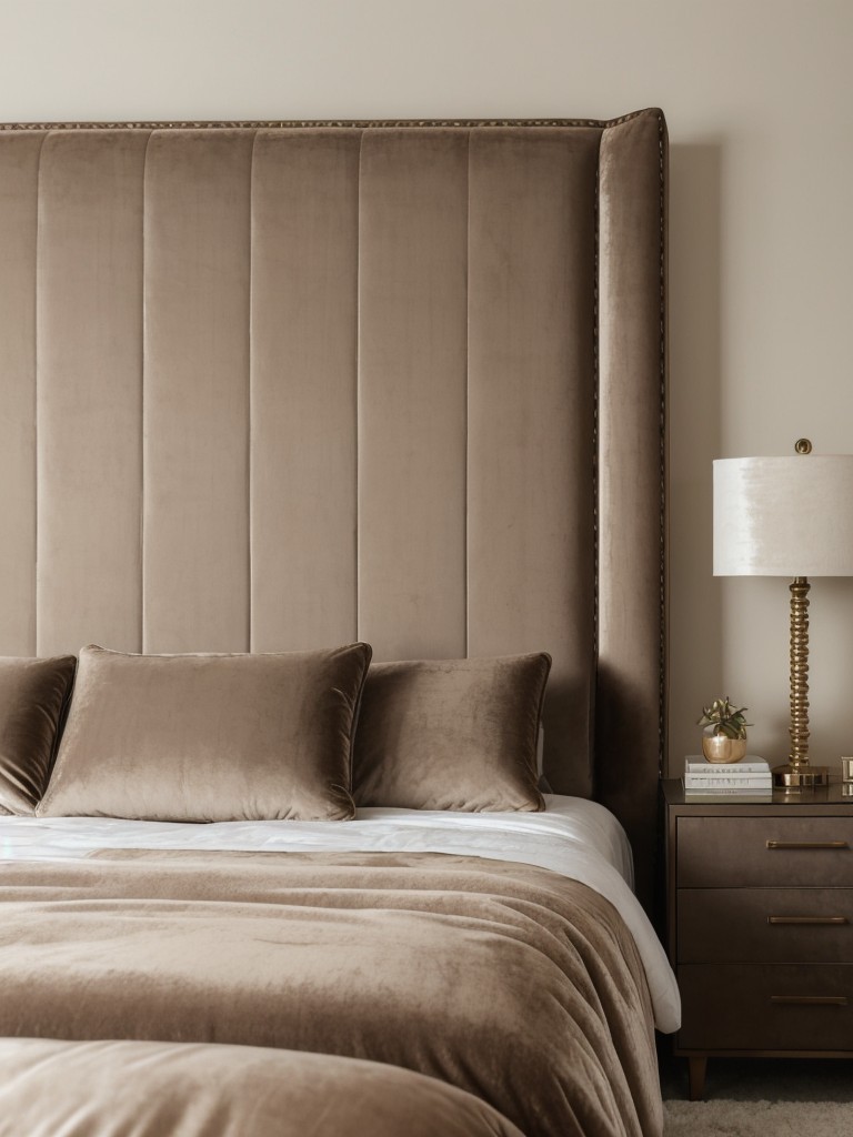 Luxurious Taupe Bedroom Decor: Velvet Accents for a Touch of Glam.