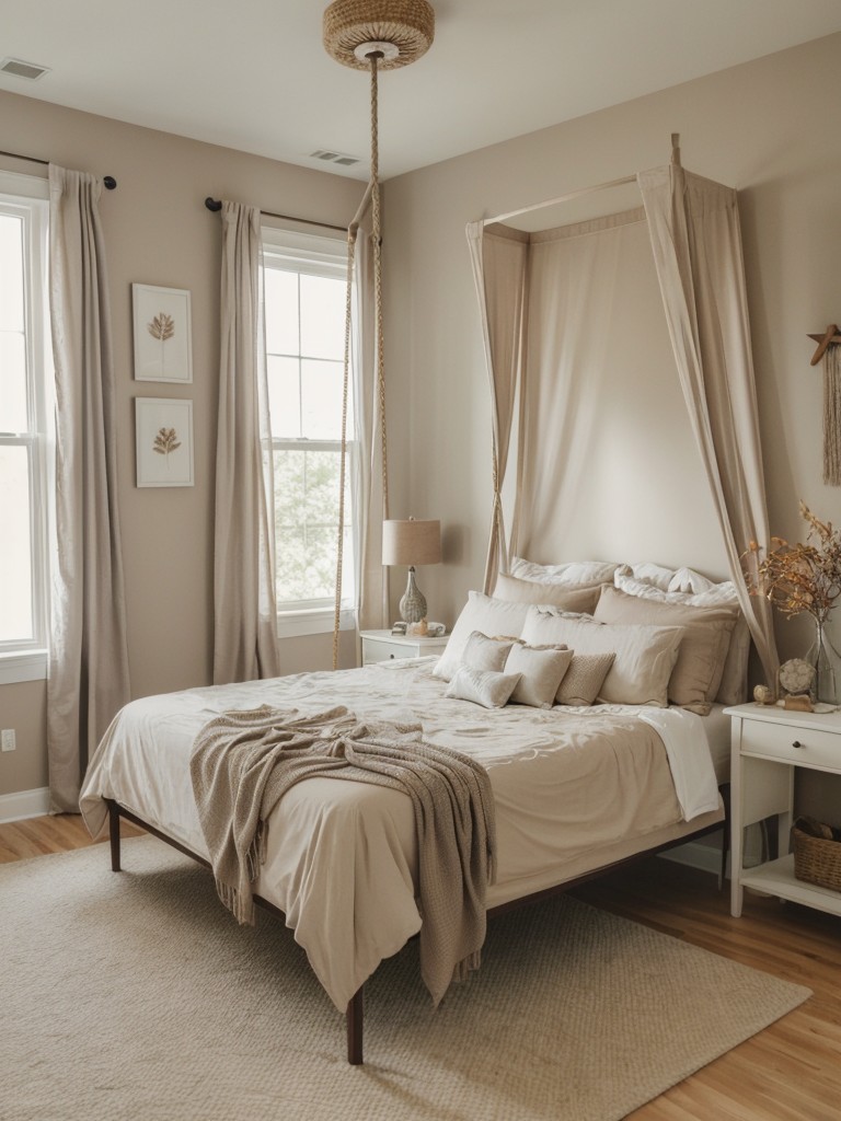 Whimsical Taupe Bedroom Decor: Canopy Bed, Fairy Tale Art, Swing Chair!