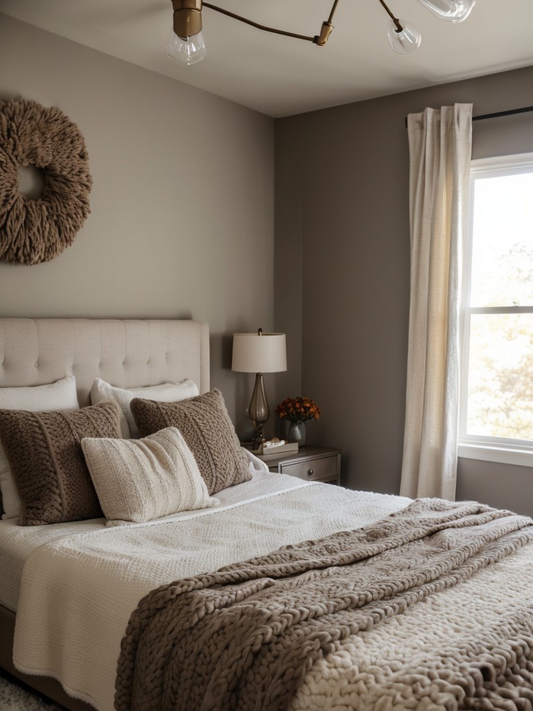 Cozy Taupe Bedroom Decor: Chunky Knit Blanket & Faux Fur Rug!