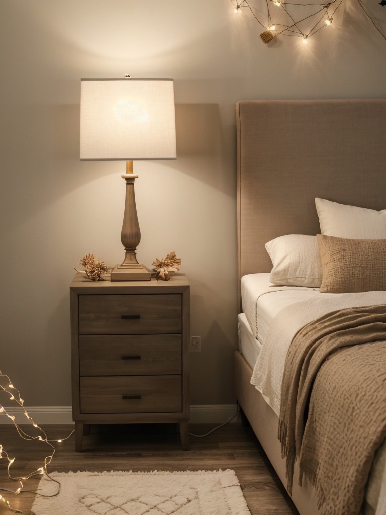 Cozy Taupe Bedroom Decor: Light up your space with a statement floor lamp or fairy lights!