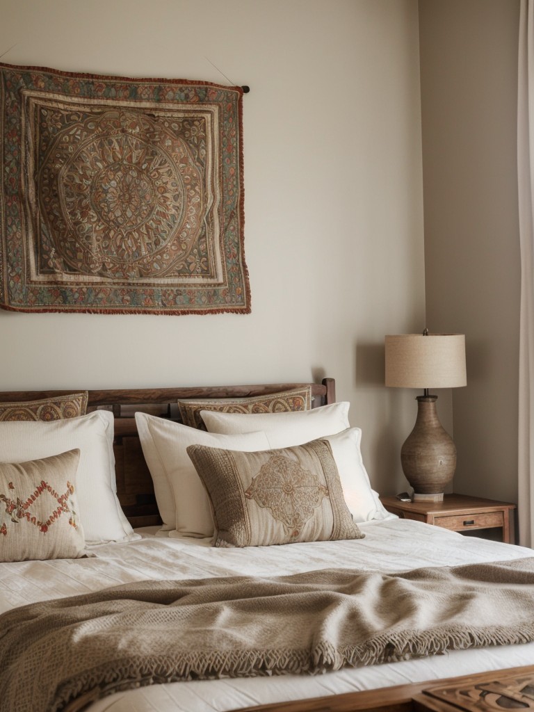 Global-inspired Taupe Bedroom Decor: Vibrant Textiles & Handcrafted Wall Hangings