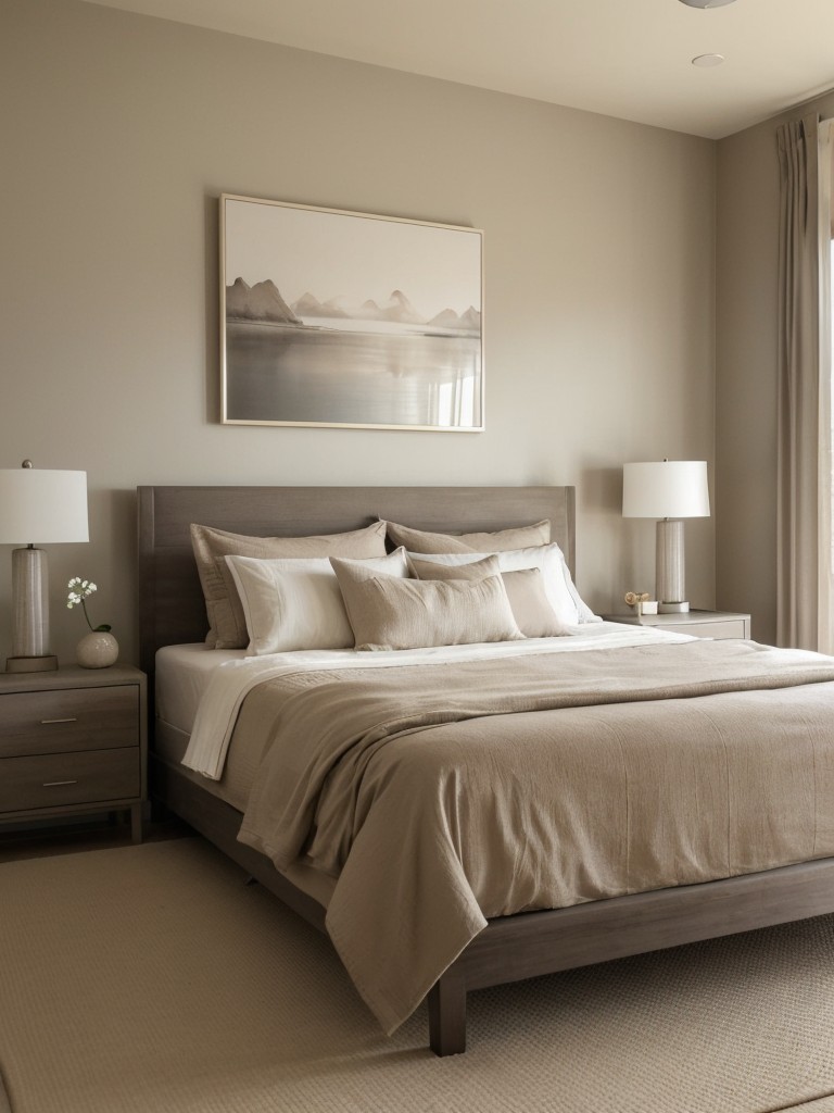 Serene Minimalist Apartment: Embrace Zen-inspired tranquility in a dreamy taupe bedroom.