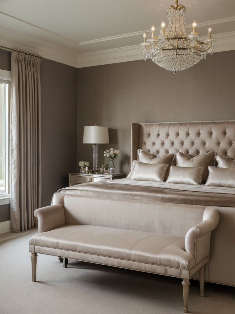 Taupe-ify Your Bedroom: Elevate elegance with crystal chandelier & luxe velvet bench!