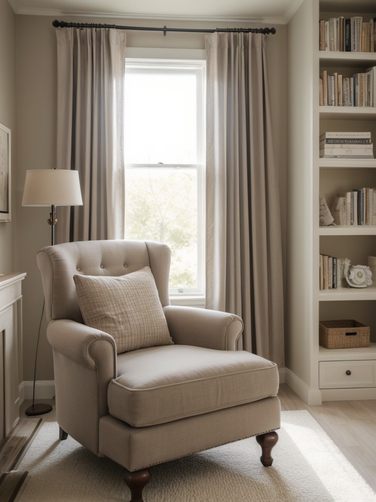 Cozy taupe bedroom with a dreamy reading nook.