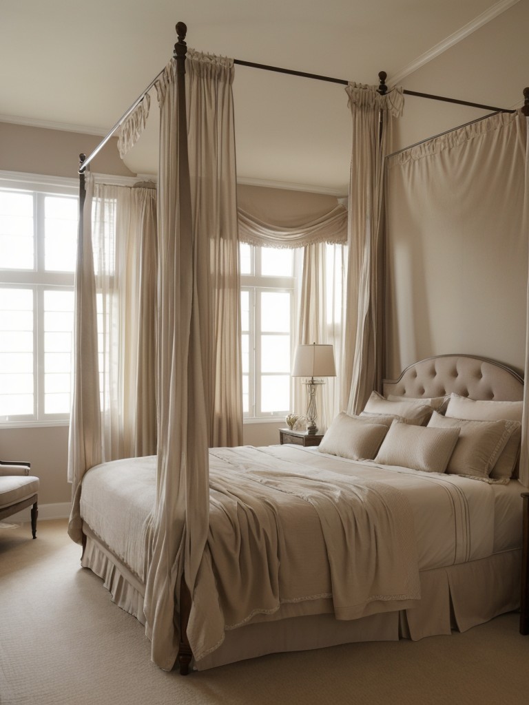 Regal and Romantic Taupe Bedroom Ideas. Timeless Four-Poster Bed Inspiration.