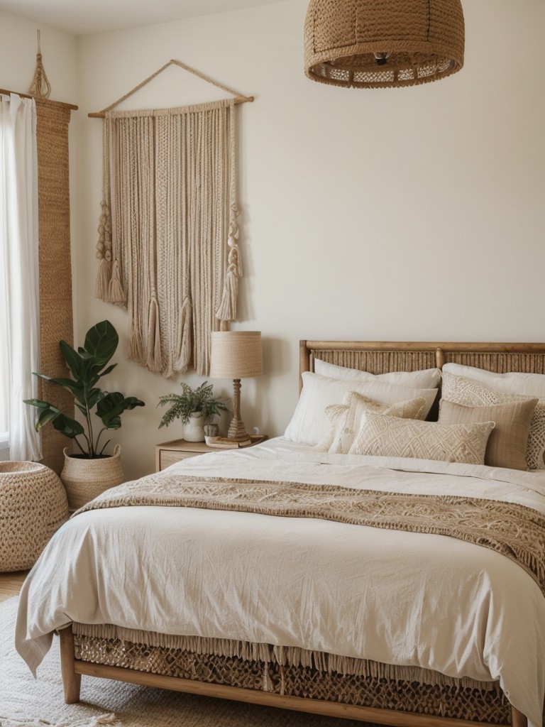 Boho-inspired Taupe Bedroom: Macramé, Rattan, & Vibrant Patterns!