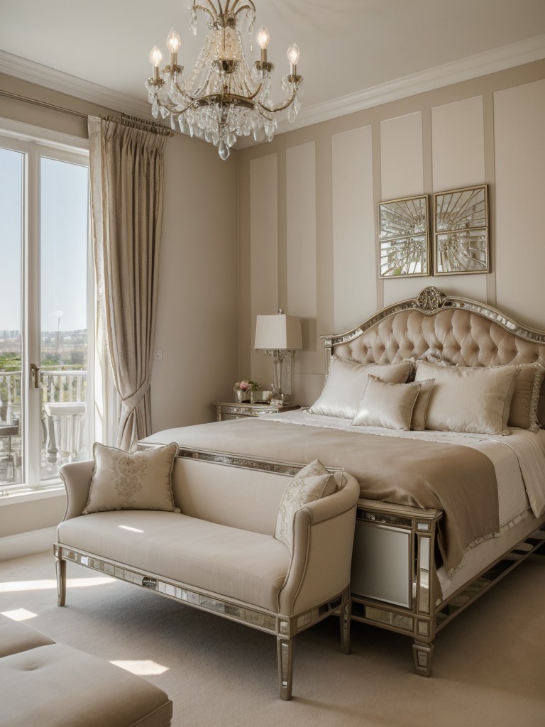 Glam Up Your Bedroom: Mirrored Furniture & Crystal Chandelier