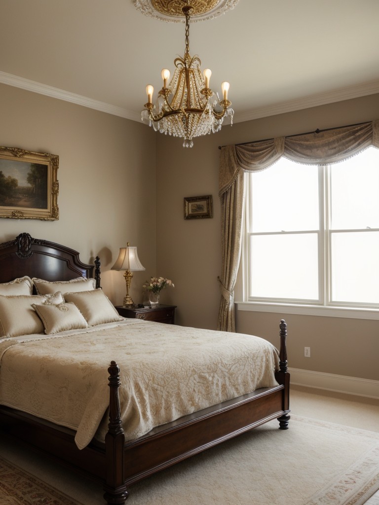 Elegant Bedroom Bliss: Luxurious Chandeliers and Antique Furniture