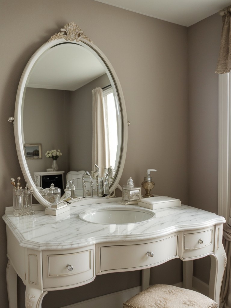 Romantic Bedroom Ambiance: Vintage Vanity with Perfume Bottles