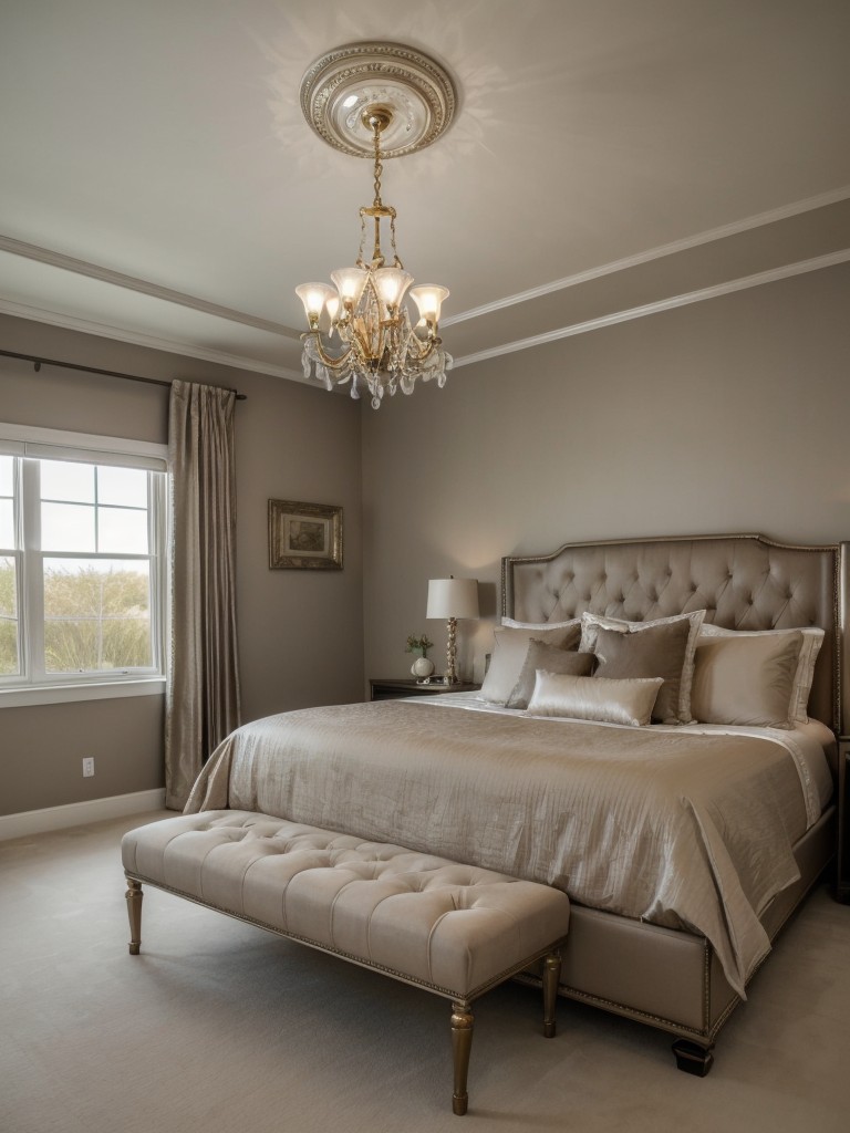 Taupe Bedroom Bliss: Elevate with a Luxurious Chandelier!