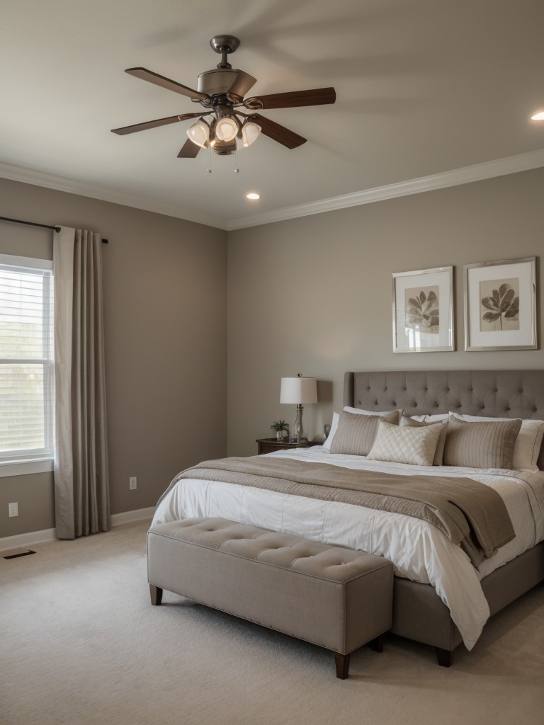 Chic Taupe Bedroom: Upgrade with Stylish Ceiling Fan!