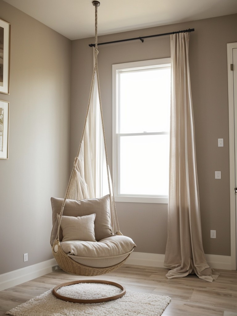 Transform your bedroom retreat with taupe decor and a hanging swing chair!