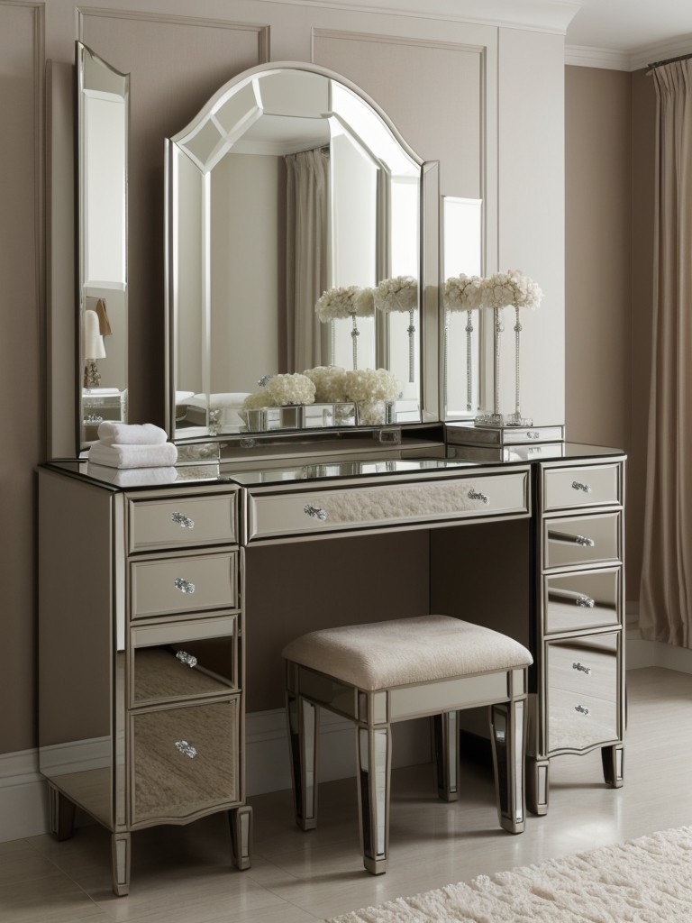 Glam up your bedroom with a stunning mirrored vanity area. #HollywoodGlam #LuxuryLiving