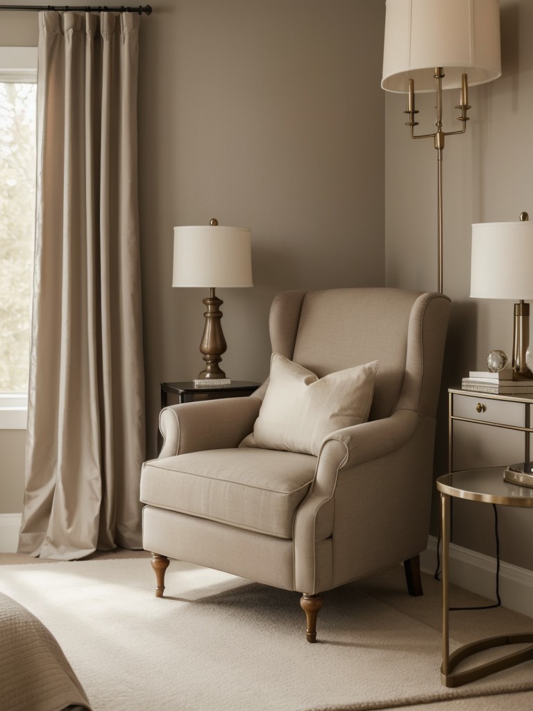 Chic Taupe Bedroom: Cozy Retreat with a Stylish Reading Nook