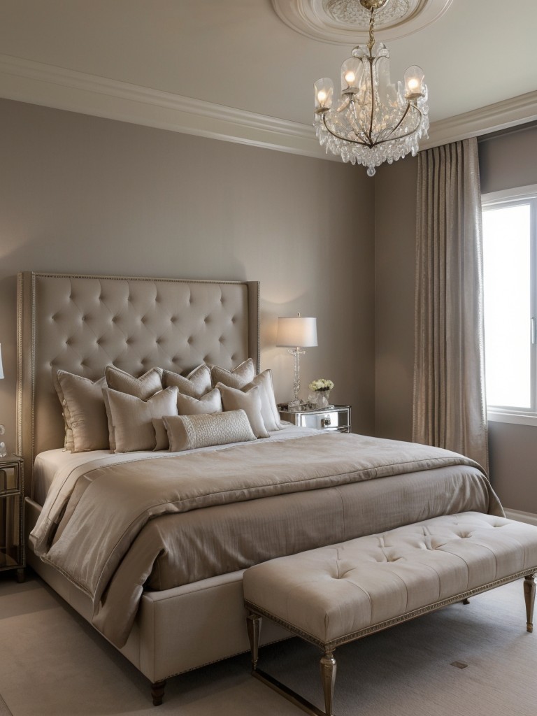 Timeless Glamour: Luxe Taupe Bedroom with Crystal Chandelier!