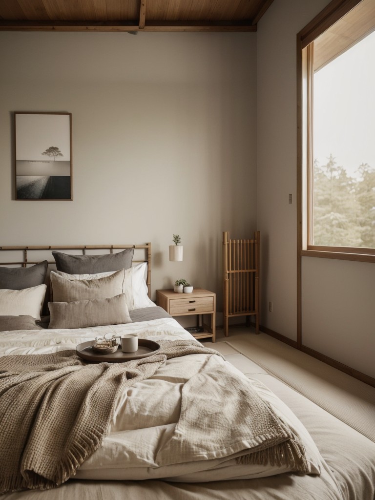 Zen-inspired Taupe Bedroom: Serene, Minimalistic, and Cozy.