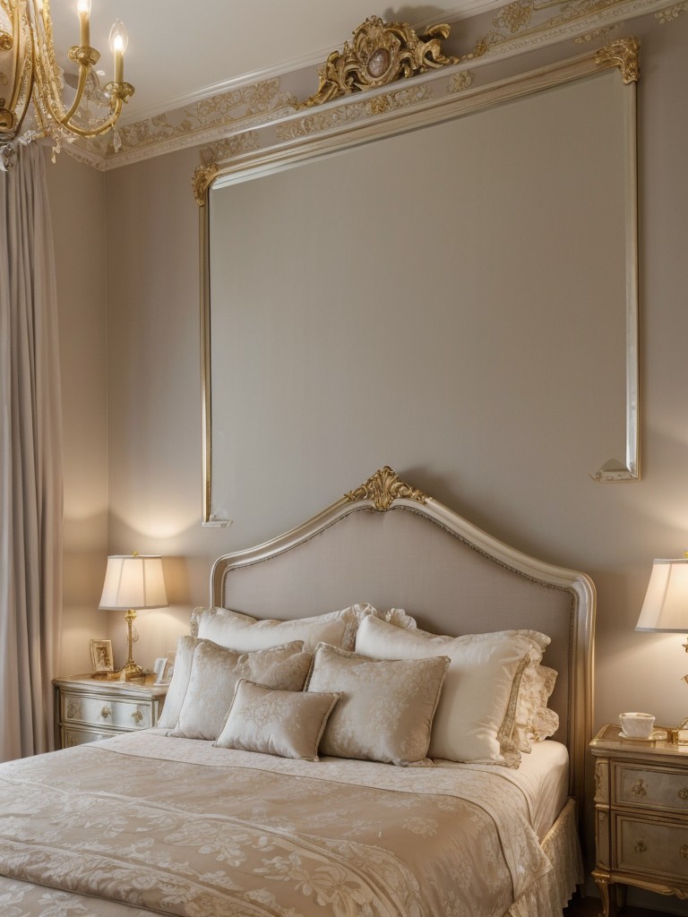 Luxurious French-inspired bedroom with ornate details and soft pastel colors. Dreamy and elegant!