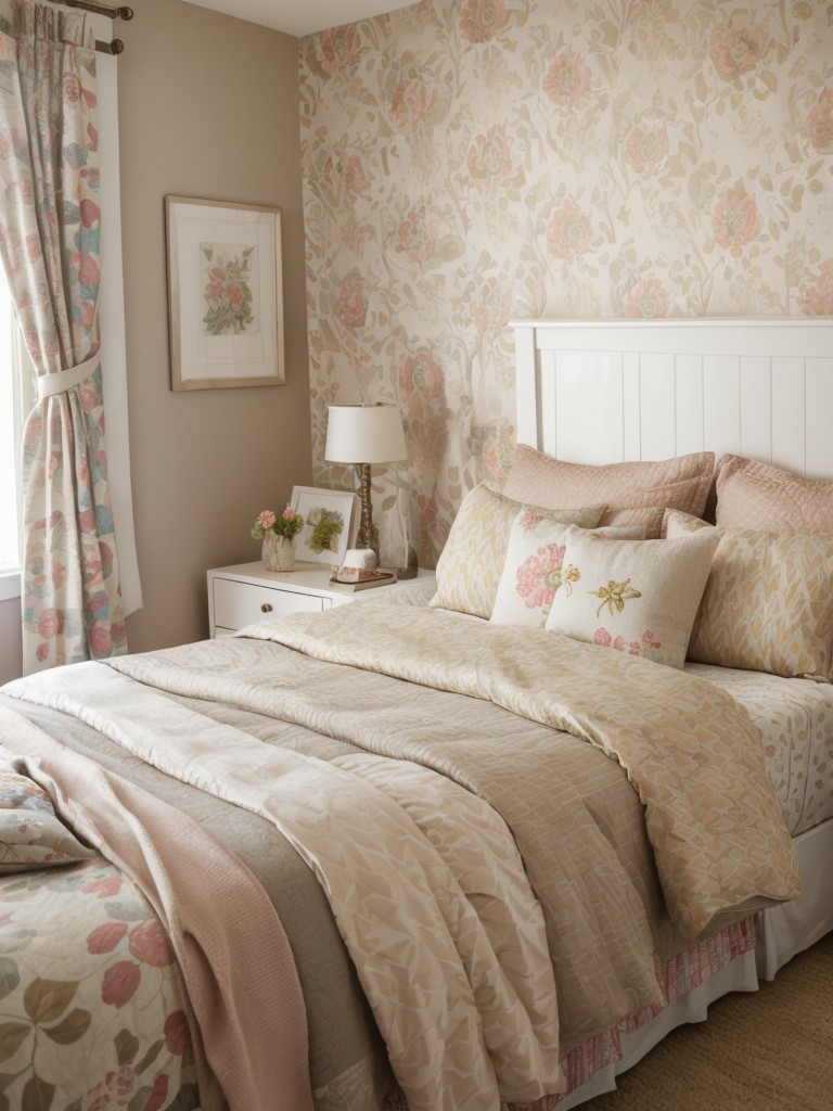 Whimsical taupe bedroom with vibrant wallpaper and playful accents