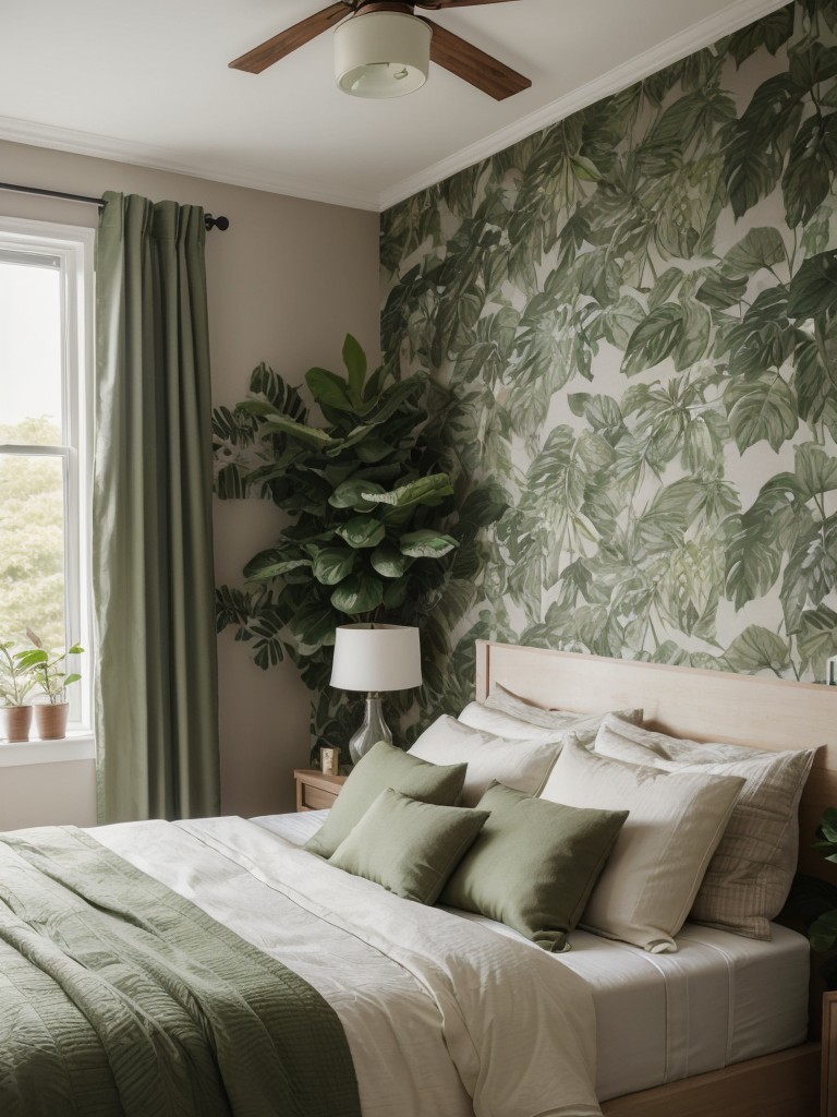 Nature-Inspired Taupe Bedroom: Botanical Wallpaper and Leafy Green Accents