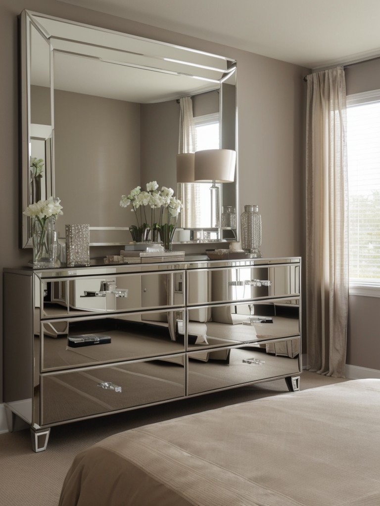 Glam up your bedroom with reflective surfaces and metallic accents for a modern, sleek look!