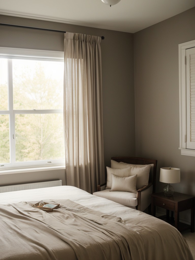 Tranquil Taupe Apartment Bedroom with Sheer Curtains