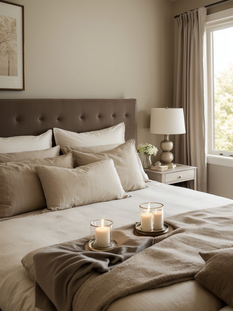 Cozy Taupe Bedroom Vibes: Add Candleholders for Relaxing Ambiance