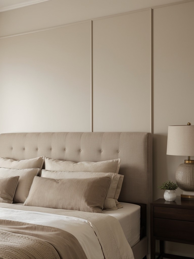 Luxurious Taupe Bedroom Haven: Stylish Upholstered Headboard!