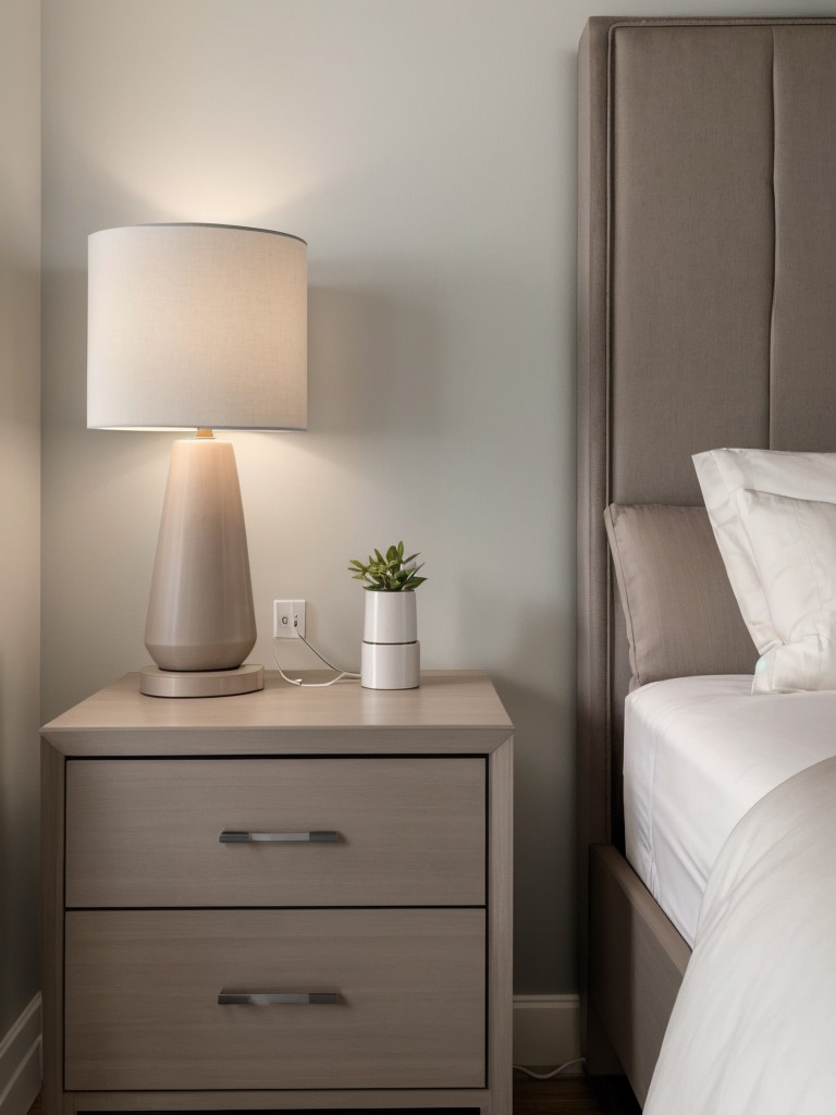 Streamline Your Morning in a Stylish Taupe Bedroom with Smart Bedside Tables