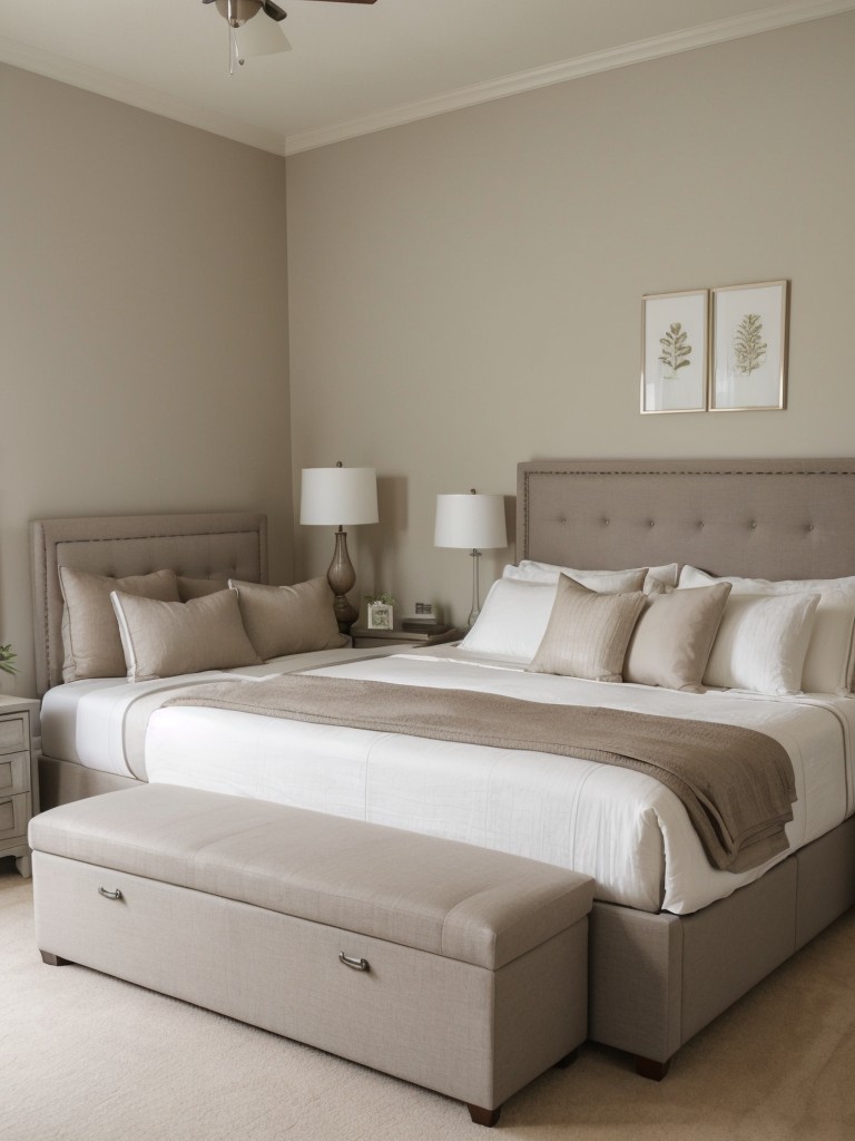 Maximize Storage & Serenity: Taupe Bedroom with Chic Storage Bench