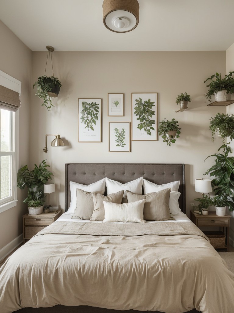 Nature-Inspired Bedroom Decor: Taupe, Botanical Prints, and Potted Plants